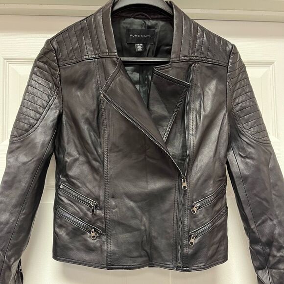 Pure Navy Lamb Leather Black Moto Jacket sz S - Picture 1 of 9